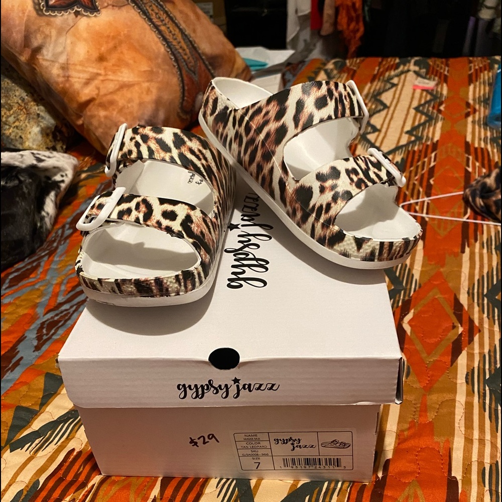 New in Box Gypsy Jazz Mamma Mia Tan Leopard Sandals.  Size 7